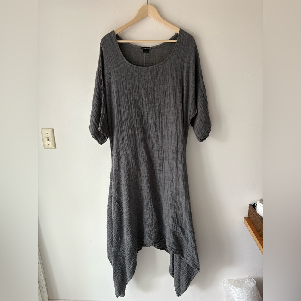 Grizas Linen Cotton Crinkle Dress Gray XXL Oversized Asymmetrical Hem Retail 383
